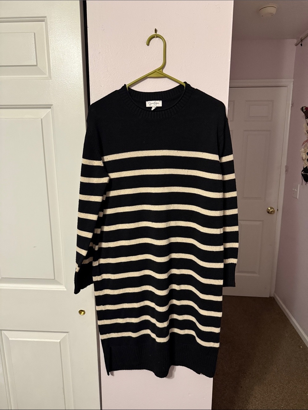 Jessica Simpson Black Cream Striped Crewneck Sweater Dress Womens Medium M 90s